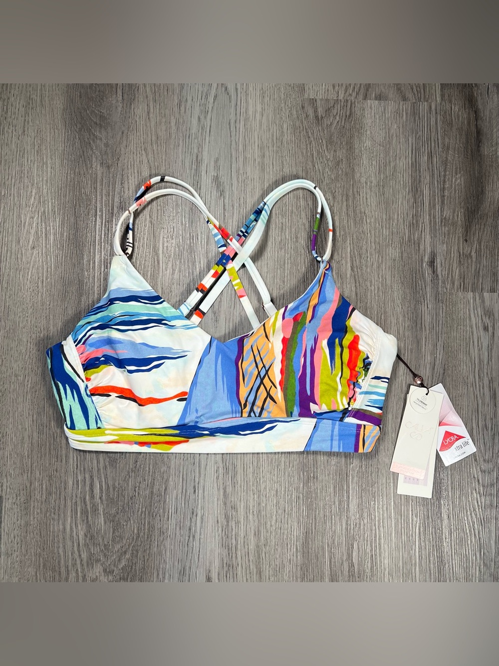New Calia Women's XL Strappy Back Ruched Bikini Swim Top Tahitian Print Support